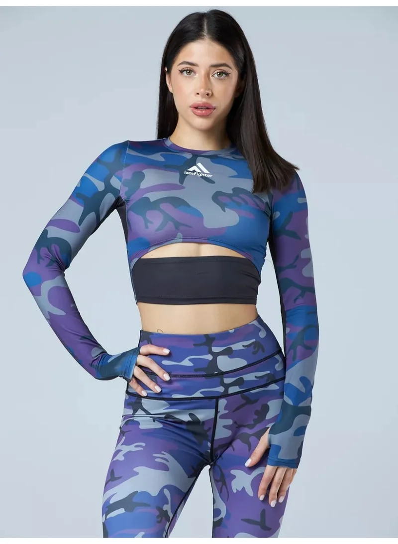 Iamfighter IAMFIGHTER Women’s Long Sleeve Crop Top – Compression Training Top for Gym, Yoga, MMA & Fitness (Blue Camouflage)
